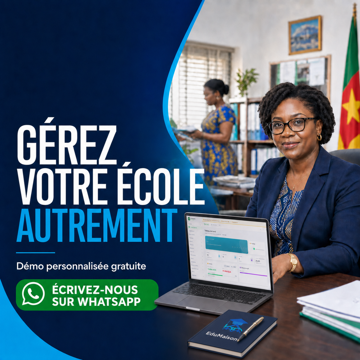 Directrice utilisant le tableau de bord scolaire EduMaison au Cameroun